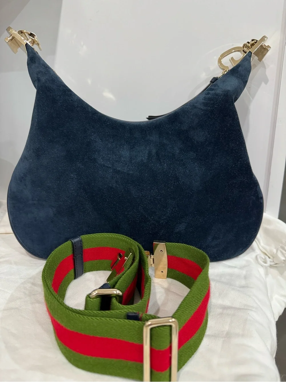 GUCCI Attache Web Suede Shoulder Bag Blue